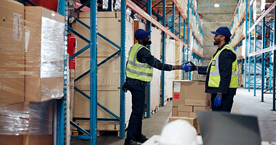 Buy stock photo Business people, handshake or shipping with partnership for greeting or team agreement in depot. Men, employees or colleagues shaking hands with boxes for logistics, distribution or supply chain deal