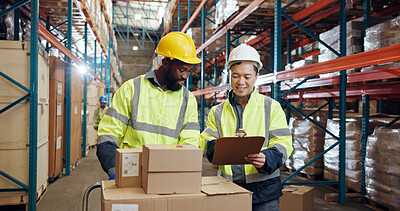 Buy stock photo Supply chain, team and people in warehouse with clipboard for distribution, inventory and inspection. Meeting, storage depot and man with woman with checklist for logistics, production and delivery