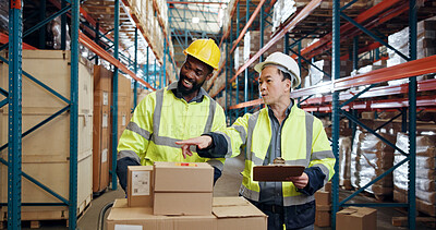 Buy stock photo Shipping, team and people in warehouse with clipboard for distribution, inventory and inspection. Talking, storage depot and man with woman with checklist for logistics, production and supply chain