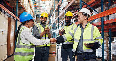 Buy stock photo Woman, man and team with handshake at warehouse for logistics, promotion and congratulations for deal. People, laptop and happy with shaking hands, export or applause for achievement at storage plant