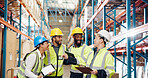 People, team and excited with celebration at warehouse for supply chain, good news or logistics deal. Group, success and happy with wow, export and shipping for inventory management at storage plant