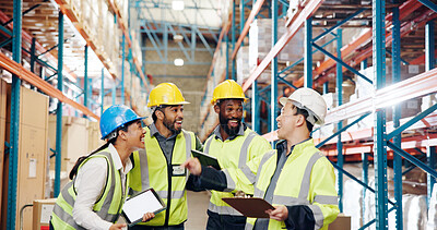 Buy stock photo People, team and excited with celebration at warehouse for supply chain, good news or logistics deal. Group, success and happy with wow, export and shipping for inventory management at storage plant