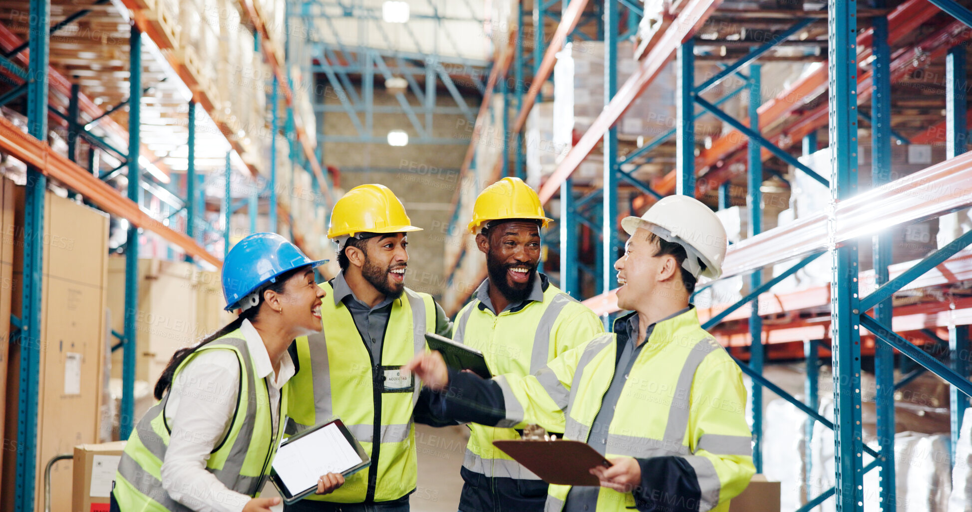 Buy stock photo People, team and excited with celebration at warehouse for supply chain, good news or logistics deal. Group, success and happy with wow, export and shipping for inventory management at storage plant