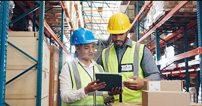Buy stock photo Shipping, team and people in warehouse on tablet for distribution, inventory and order inspection. Meeting, storage depot and man with woman on digital tech for logistics, supply chain and delivery