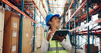Buy stock photo Distribution, tablet and woman in warehouse, inspection and logistics with digital app for stock. Happy person, tech and employee in factory, shipping and online checklist for inventory and counting