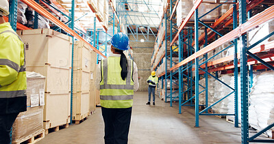 Buy stock photo Woman, back and inspection at warehouse, logistics and shelf for package, storage or walk for safety check. Person, supply chain and cargo with inventory management, export or job at shipping company