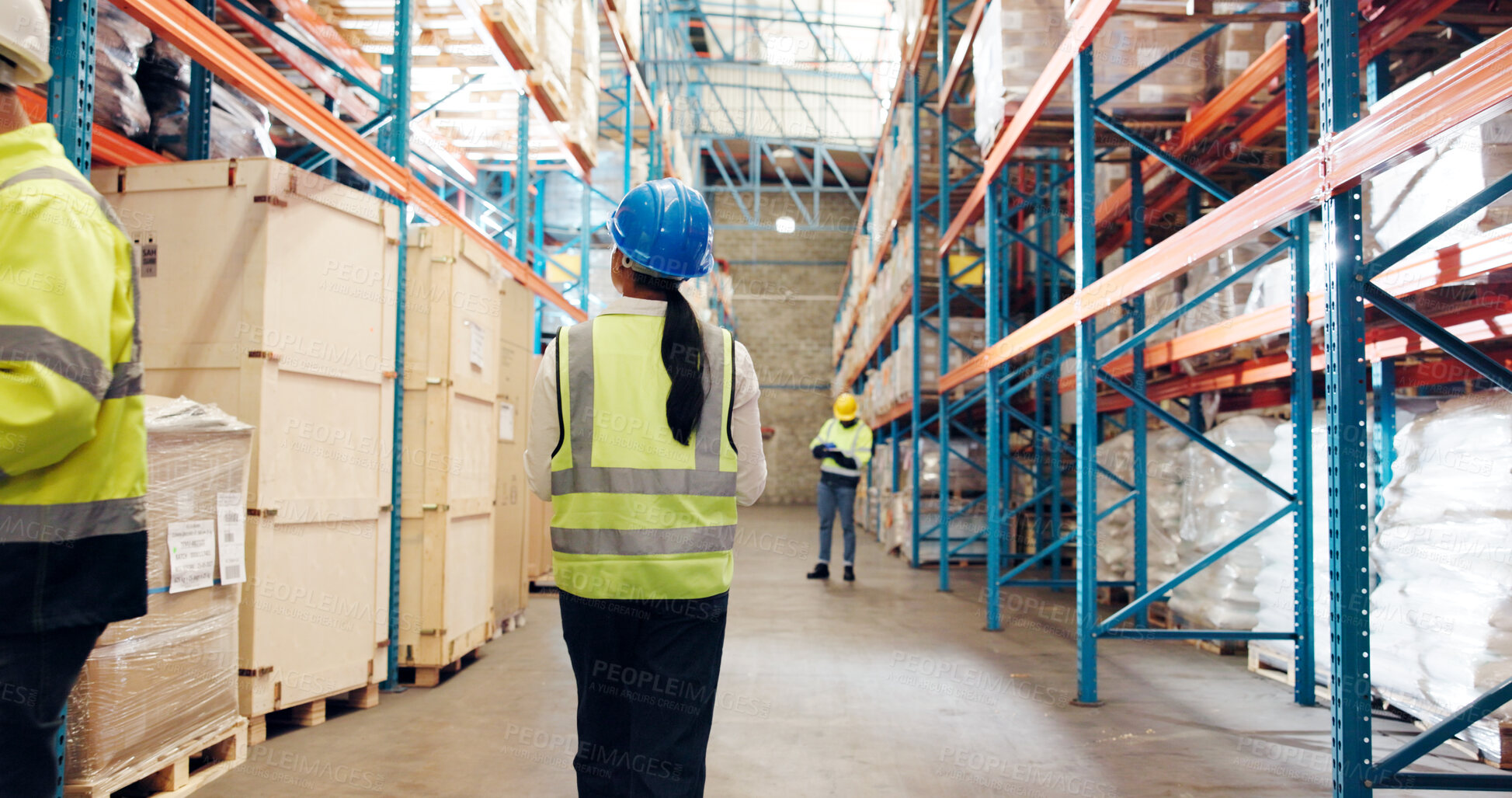 Buy stock photo Woman, back and inspection at warehouse, logistics and shelf for package, storage or walk for safety check. Person, supply chain and cargo with inventory management, export or job at shipping company
