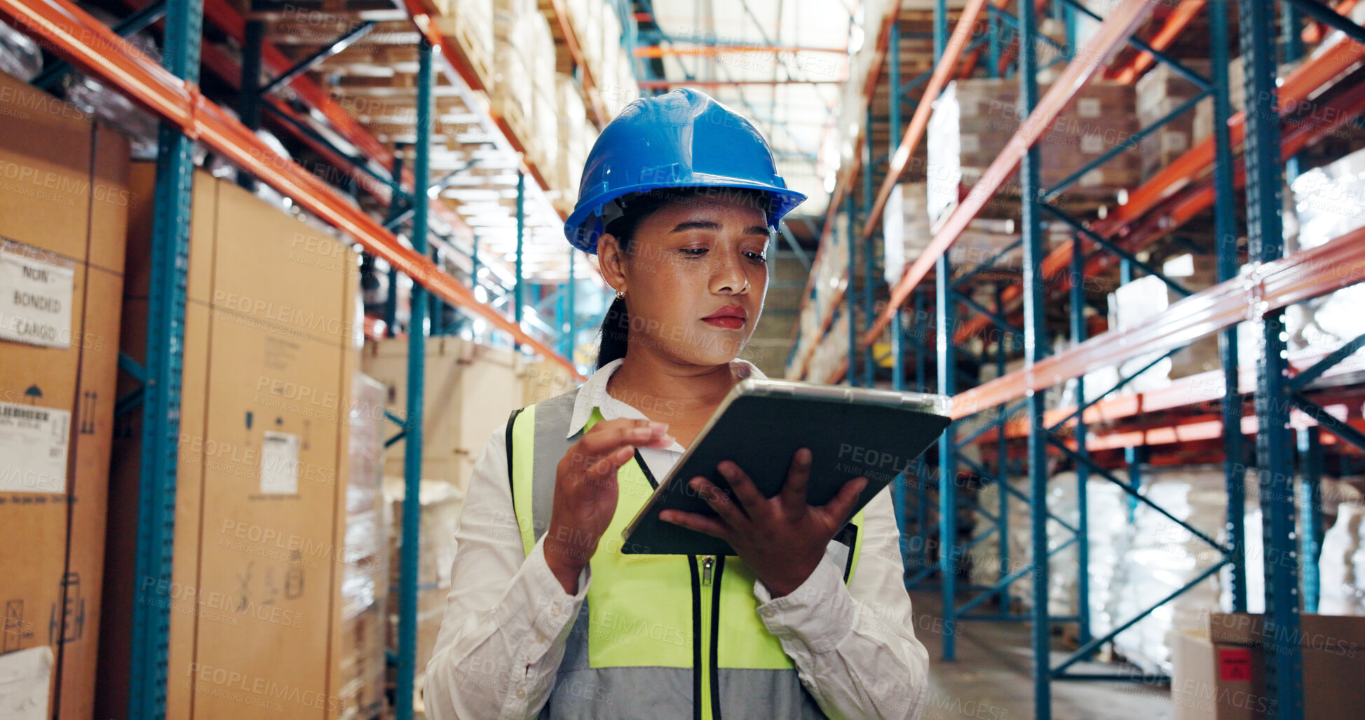 Buy stock photo Distribution, tablet and woman in warehouse, network and logistics with digital app for stock. Inspection, tech and person in factory, shipping and online checklist for inventory and manufacturing