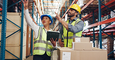 Buy stock photo Supply chain, team and people in warehouse on tablet for distribution, inventory and order inspection. Meeting, storage depot and man with woman on digital tech for logistics, production and delivery