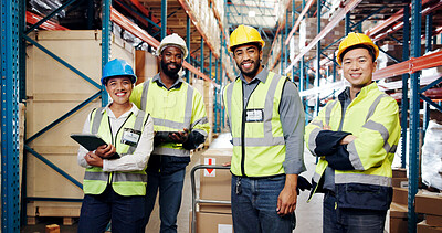 Buy stock photo People, team and logistics with portrait at warehouse, supply chain and pride with smile. Group, tech and happy with confidence, export or inventory management with shipping job at storage plant