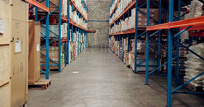 Buy stock photo Empty, supply chain and warehouse with shelf for shipping, distribution and production in factory. Ecommerce, logistics and storage depot with inventory, packages and import orders for delivery