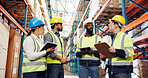 People, team and logistics planning at warehouse, supply chain or discussion in low angle. Group, tech and clipboard for review, export or talk with inventory management for shipping at storage plant