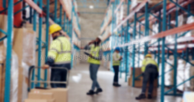 Buy stock photo Logistics, engineers and group in warehouse, blurry and inventory of goods, supply chain or delivery. Stock, distribution and people with merchandise for dropshipping, team and industrial factory