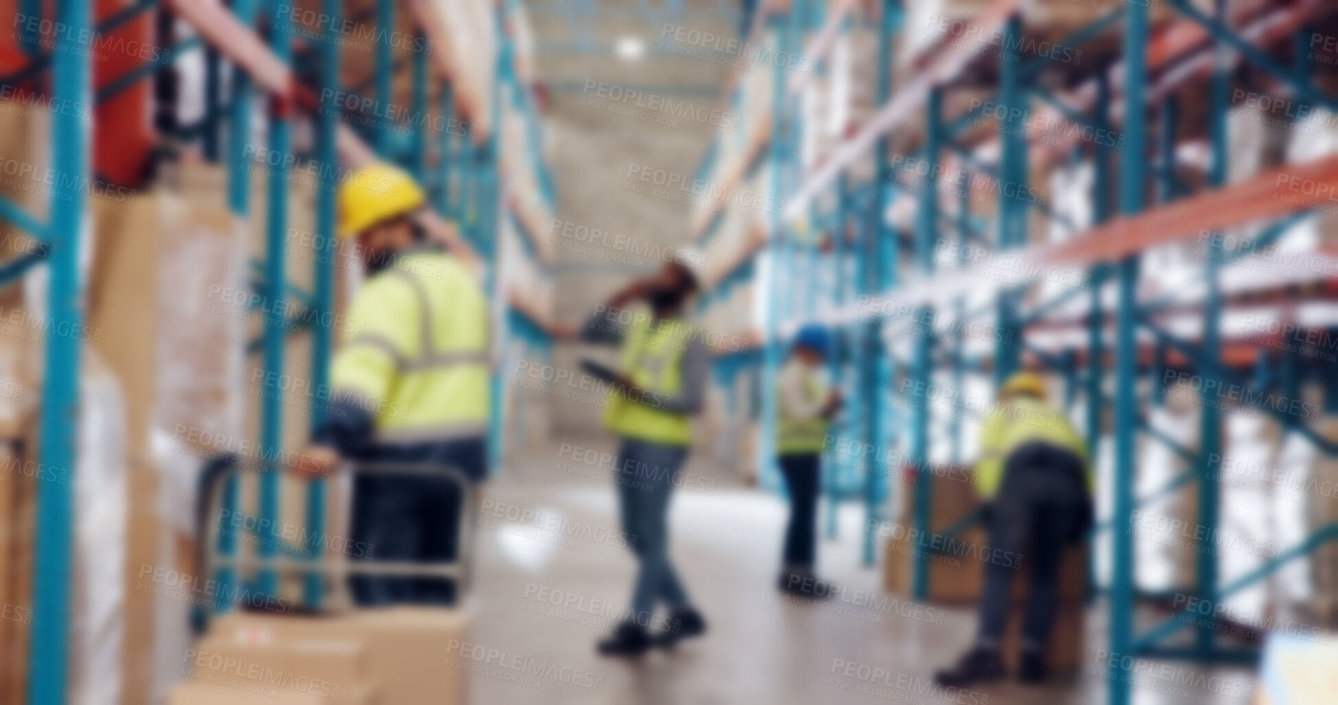 Buy stock photo Logistics, engineers and group in warehouse, blurry and inventory of goods, supply chain or delivery. Stock, distribution and people with merchandise for dropshipping, team and industrial factory