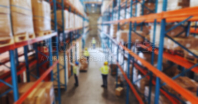 Buy stock photo Logistics, engineers and delivery in warehouse, blurry and group with goods, supply chain or shelves. Stock, distribution and people with merchandise for dropshipping, team and industrial factory