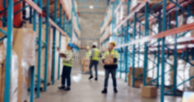 Buy stock photo Supply chain, engineers and group in warehouse, blurry and inventory of goods, logistics or delivery. Stock, distribution and people with merchandise for dropshipping, team and industrial factory