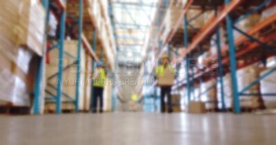 Buy stock photo Logistics, engineers and goods in warehouse, blurry and inventory of supply chain, group or delivery. Stock, distribution and people with merchandise for dropshipping, team and industrial factory