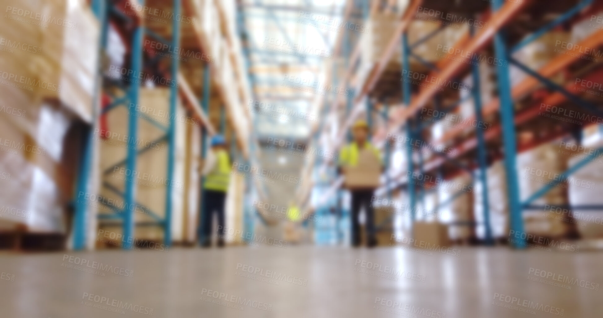 Buy stock photo Logistics, engineers and goods in warehouse, blurry and inventory of supply chain, group or delivery. Stock, distribution and people with merchandise for dropshipping, team and industrial factory