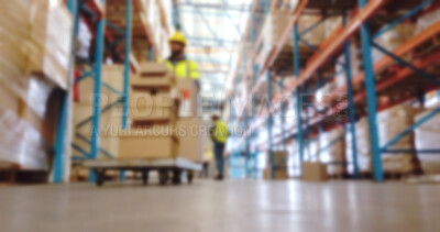 Buy stock photo Logistics, engineers and boxes in warehouse, blurry and inventory of goods, supply chain or delivery. Stock, distribution and people with merchandise for dropshipping, team and industrial factory