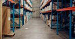 Empty, shipping and warehouse with shelf for distribution, supply chain and production in factory. Ecommerce, logistics and storage depot with inventory, packages and import orders for delivery
