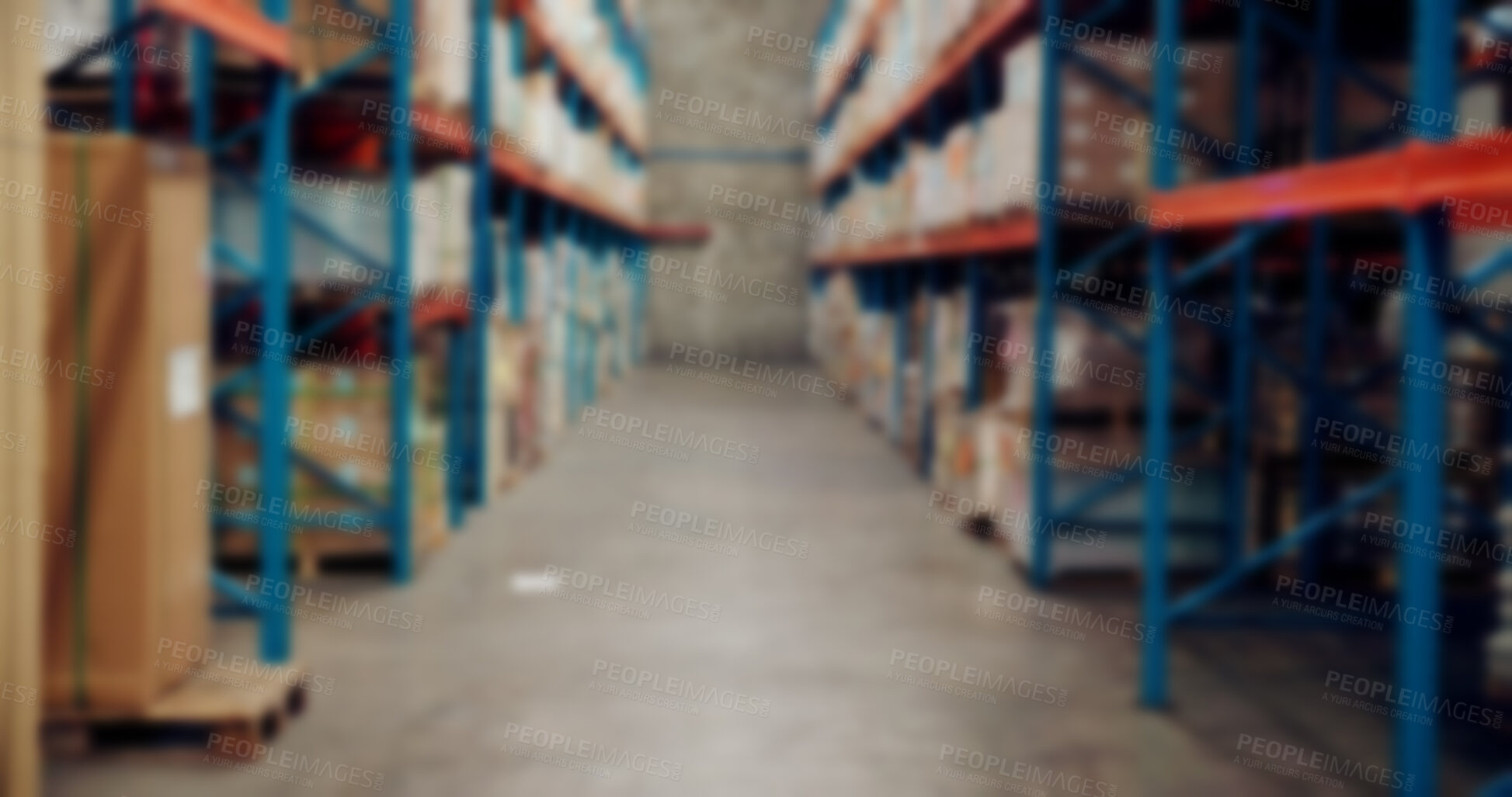 Buy stock photo Empty, shipping and warehouse with blur for distribution, supply chain and production in factory. Ecommerce, logistics and storage depot with inventory, packages and import orders for delivery