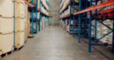 Buy stock photo Empty, distribution and warehouse with shelf for shipping, supply chain and production in factory blur. Ecommerce, logistics and storage depot with inventory, packages and import orders for delivery