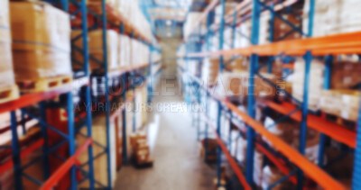 Buy stock photo Empty warehouse, shelf and above with blur for package, stock and inventory for supply chain. Boxes, logistics and product for distribution, shipping or freight with storage space at industrial plant
