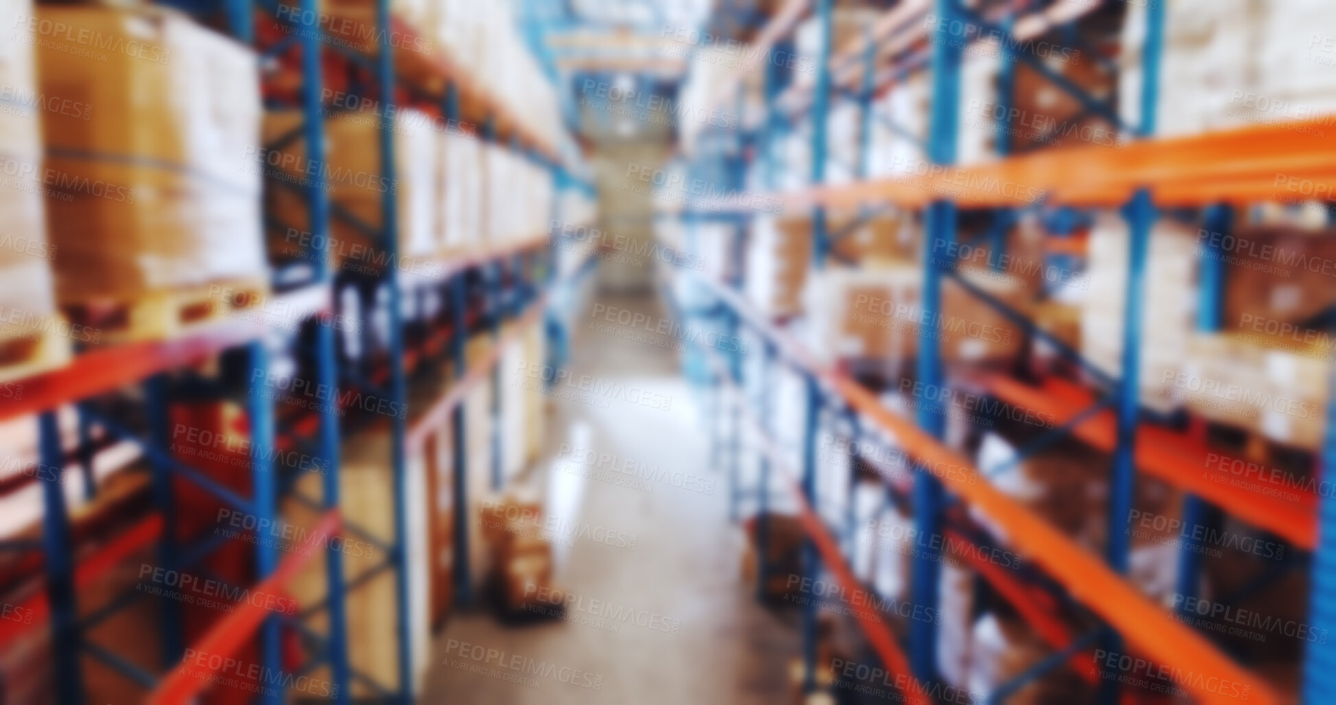 Buy stock photo Empty warehouse, shelf and above with blur for package, stock and inventory for supply chain. Boxes, logistics and product for distribution, shipping or freight with storage space at industrial plant