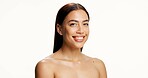 Beauty, girl and skincare portrait in studio with natural glow, collagen shine or confidence. Mockup space, woman or happy with body care on white background for hydration, skin rejuvenation or clean