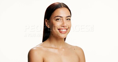 Buy stock photo Beauty, girl and skincare portrait in studio with natural glow, collagen shine or confidence. Mockup space, woman or happy with body care on white background for hydration, skin rejuvenation or clean