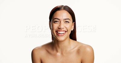 Buy stock photo Portrait, cosmetics and woman in studio, smile and dermatology on white background. Happy person, mockup space and wellness with skincare, beauty and funny with healthy skin, aesthetic and shine