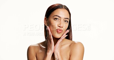 Buy stock photo Beauty, portrait and pout with woman in studio for dermatology, natural skincare or wellness. Aesthetic, cosmetics and self care with model person isolated on white background for facial results
