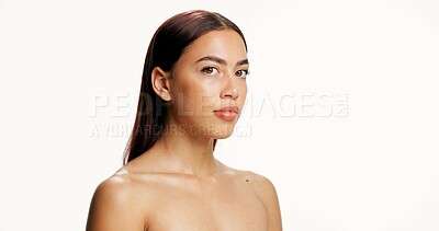 Buy stock photo Cosmetics, girl and skincare portrait in studio with natural beauty, healthy glow and hydration. Mockup space, woman or serious with dermatology on white background for collagen treatment or wellness