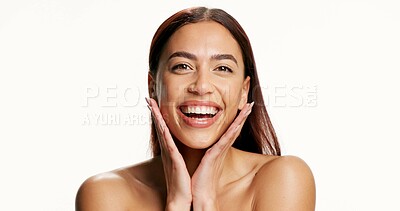 Buy stock photo Smile, beauty and portrait of woman in studio for skincare, wellness and natural glow on white background. Hands, mockup space and happy person for health, shine and cosmetics for dermatology results