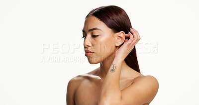 Buy stock photo Beauty, hair care and woman in studio for skincare, space and thinking on white background. Hairstyle, natural glow and model with cosmetics for aesthetic, salon and keratin treatment for texture