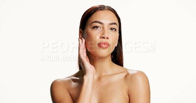 Buy stock photo Beauty, woman and skincare portrait in studio with healthy glow, hydration and treatment results. Dermatology, person and cosmetics on white background for skin benefits, self care and mockup space