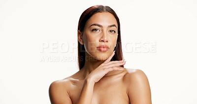 Buy stock photo Cosmetics, girl or skincare portrait in studio with healthy glow, skin hydration or treatment results. Dermatology, woman or self care on white background for natural beauty, wellness or mockup space