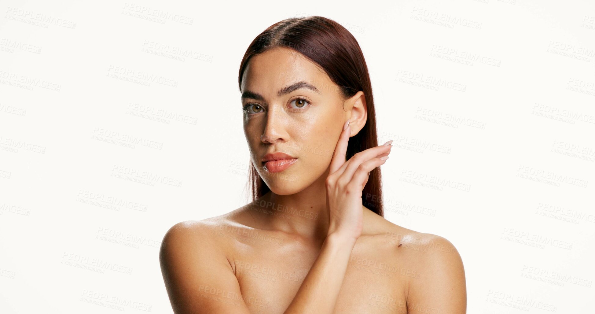 Buy stock photo Woman, skincare and touch face in studio portrait with mockup space, results and beauty on white background. Person, cosmetics and natural makeup with pride, confidence and soft texture in Colombia