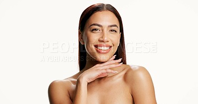 Buy stock photo Studio, natural and portrait of woman for skincare, wellness and beauty on white background. Shine, mockup space and happy person with smile for smooth skin, texture and cosmetics for dermatology