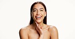 Laugh, beauty and portrait of woman in studio for skincare, wellness and natural glow on white background. Space, mockup and person with smile for health, shine and cosmetics for dermatology results