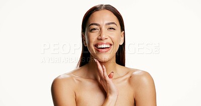 Buy stock photo Laugh, beauty and portrait of woman in studio for skincare, wellness and natural glow on white background. Space, mockup and person with smile for health, shine and cosmetics for dermatology results
