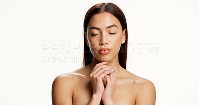 Buy stock photo Beauty, calm and wellness with woman in studio for cosmetics, dermatology or peace. Aesthetic, eyes closed and skincare with model isolated on white background for natural cosmetology results