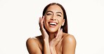 Happy, woman and portrait in studio for skincare, natural makeup aesthetic and collagen benefits. Smile, confident person or dermatology for beauty, healthy skin and mockup space on white background.