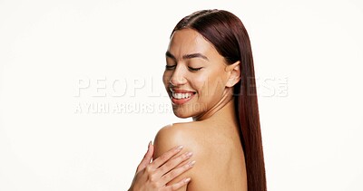 Buy stock photo Shoulder, woman and happy for skincare in studio with healthy glow, hydration and treatment results. Natural beauty, girl or smile on white background for body care, skin regeneration or mockup space