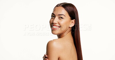 Buy stock photo Portrait, woman and happy for skincare in studio with healthy glow, hydration and treatment results. Natural beauty, girl or smile on white background for body care, skin regeneration or mockup space