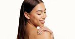 Body care, happy and woman in studio with natural, wellness and hygiene for moisturizing skin. Smile, beauty and female person with dermatology for glow, cosmetics and health by white background.
