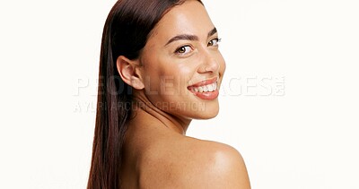 Buy stock photo Beauty, woman and skincare portrait in studio with natural glow, healthy skin and treatment results. Mockup space, person and happy with dermatology on white background for hydration and confidence