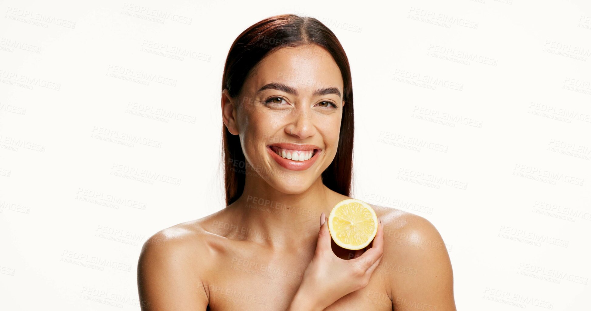 Buy stock photo Woman, lemon and happy for skincare in studio portrait, pride and vitamin c on white background. Person, citrus fruit and organic product with mockup space, smile and confident with beauty in Mexico