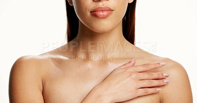 Buy stock photo Hands, touch shoulder and skincare in studio with soft texture, results and glow on white background. Person, cosmetics and dermatology with moisturizer, transformation and hydration for antiaging