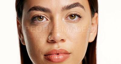 Buy stock photo Beauty, girl and skincare portrait in studio for acne treatment results, hydration or face glow. Clean, woman or serious on white background with healthy skin, self care radiance or cosmetic wellness